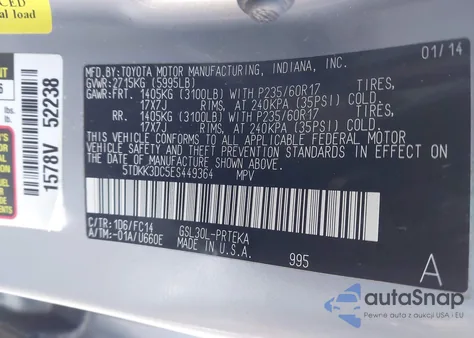 2014 Toyota Sienna Le V6 8 Passenger from USA, damaged, VIN 5TDKK3DC5ES449364